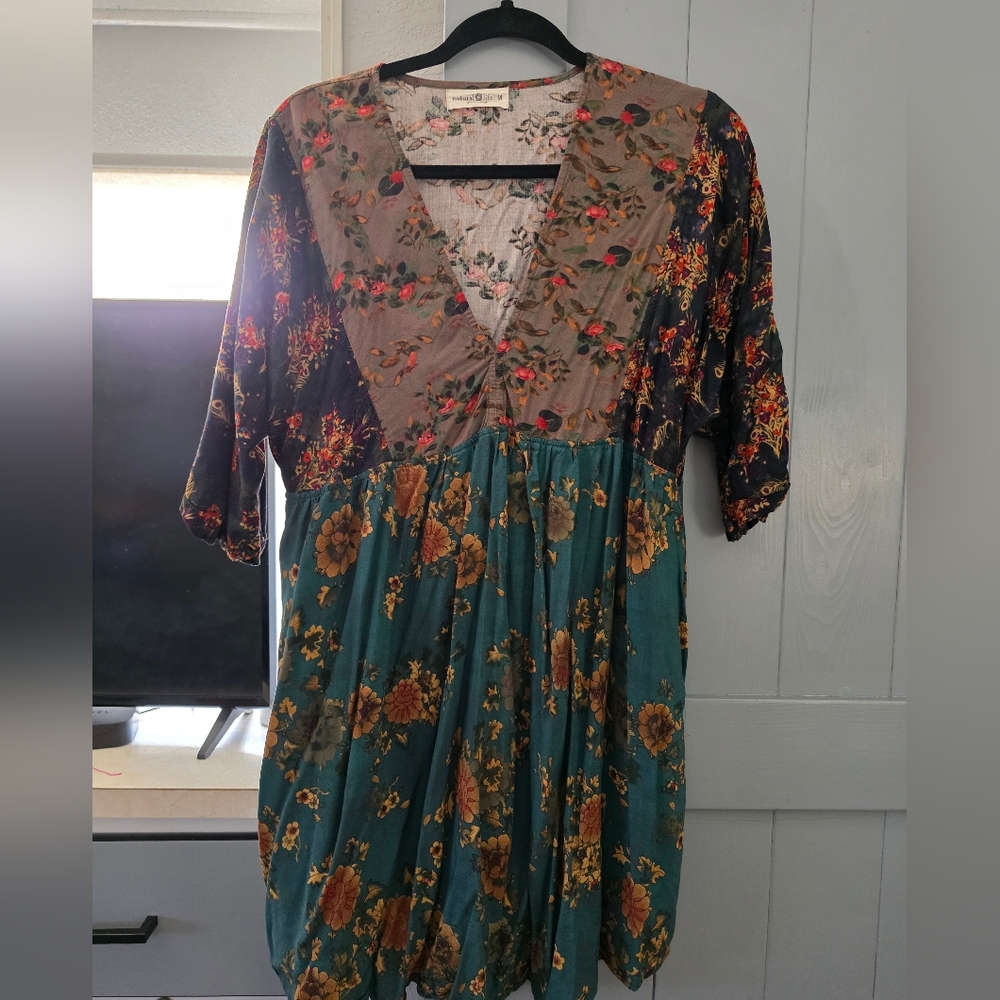 Floral Patchwork V-Neck Women’s Dress in Teal & Brown